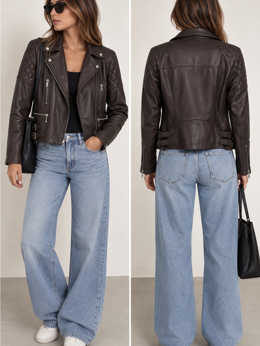 All Saints Chocolate Brown Quilted Leather Biker Jacket
